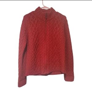 Inis Crafts Womens Red Cable Knit 100% Merino Wool Full Zip Jacket Ireland, Sz L